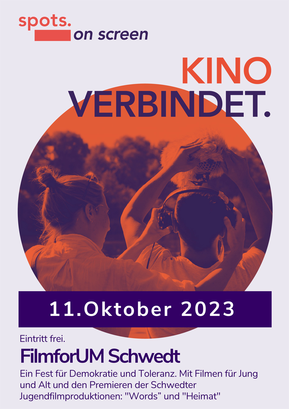 Plakat: rundes 2-farbiges Foto mit 2 Jugendlichen von hinten und Kopfhörern