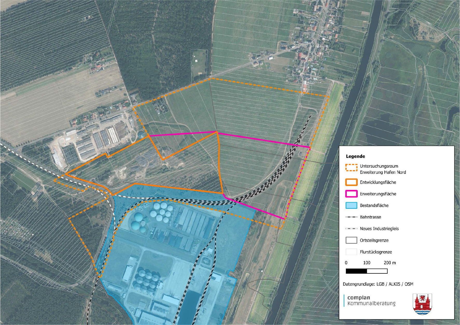 Luftbild mit farbigen Markierungen