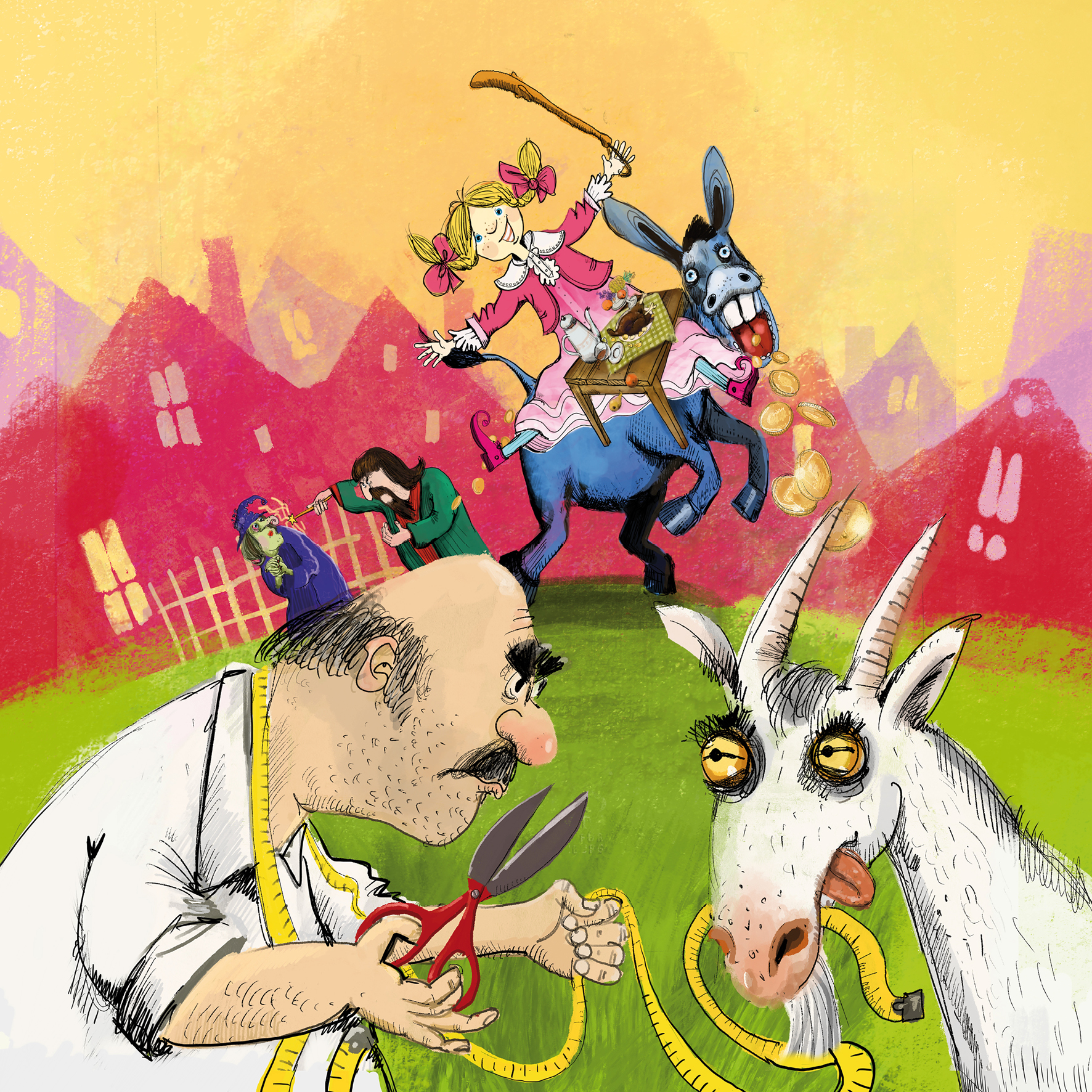 Grafik: Schneider mit Ziege im Vordergrund, Mädchen mit Knüppel in der Hand und gedeckter Tisch auf einem Gold spuckenden Esel
