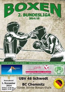 Plakat mit Informationen und einer Grafik, die 2 Boxer im Kampf zeigt Plakat mit Informationen und einer Grafik, die 2 Boxer im Kampf zeigt