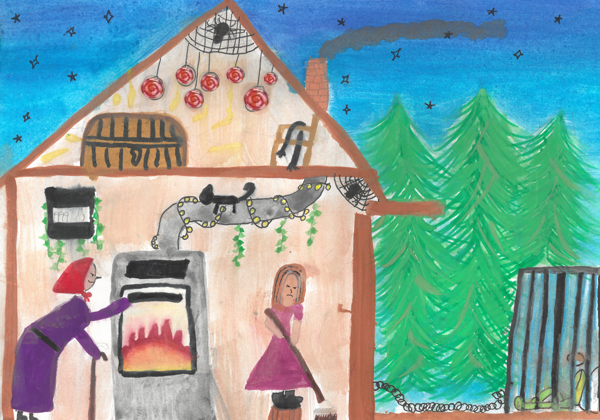  Grafik: Gretel putzt das Haus, die Hexe steht am Ofen und Hänsel sitzt im Käfig draußen vor dem Haus