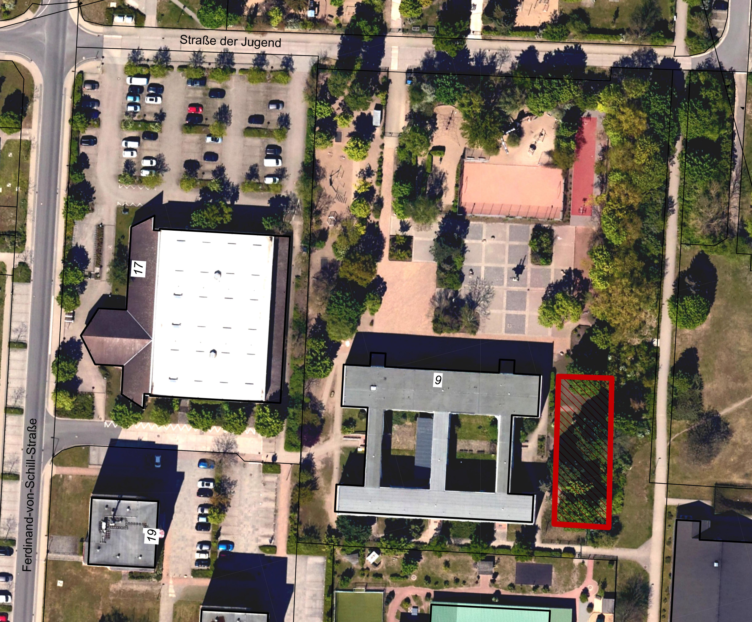 Lageplan mit der Markierung des Erweiterungsbaus