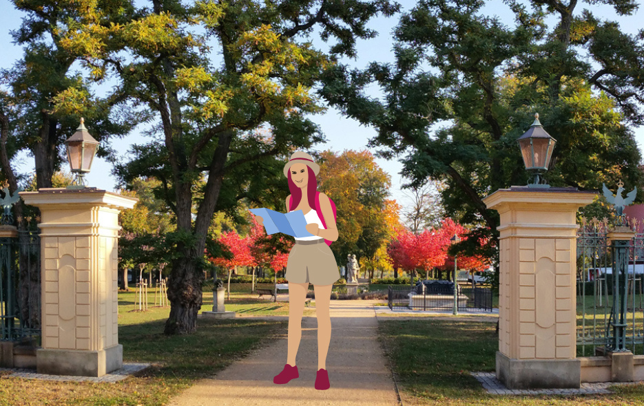 Grafik auf Foto: Wanderin im Hugenottenpark