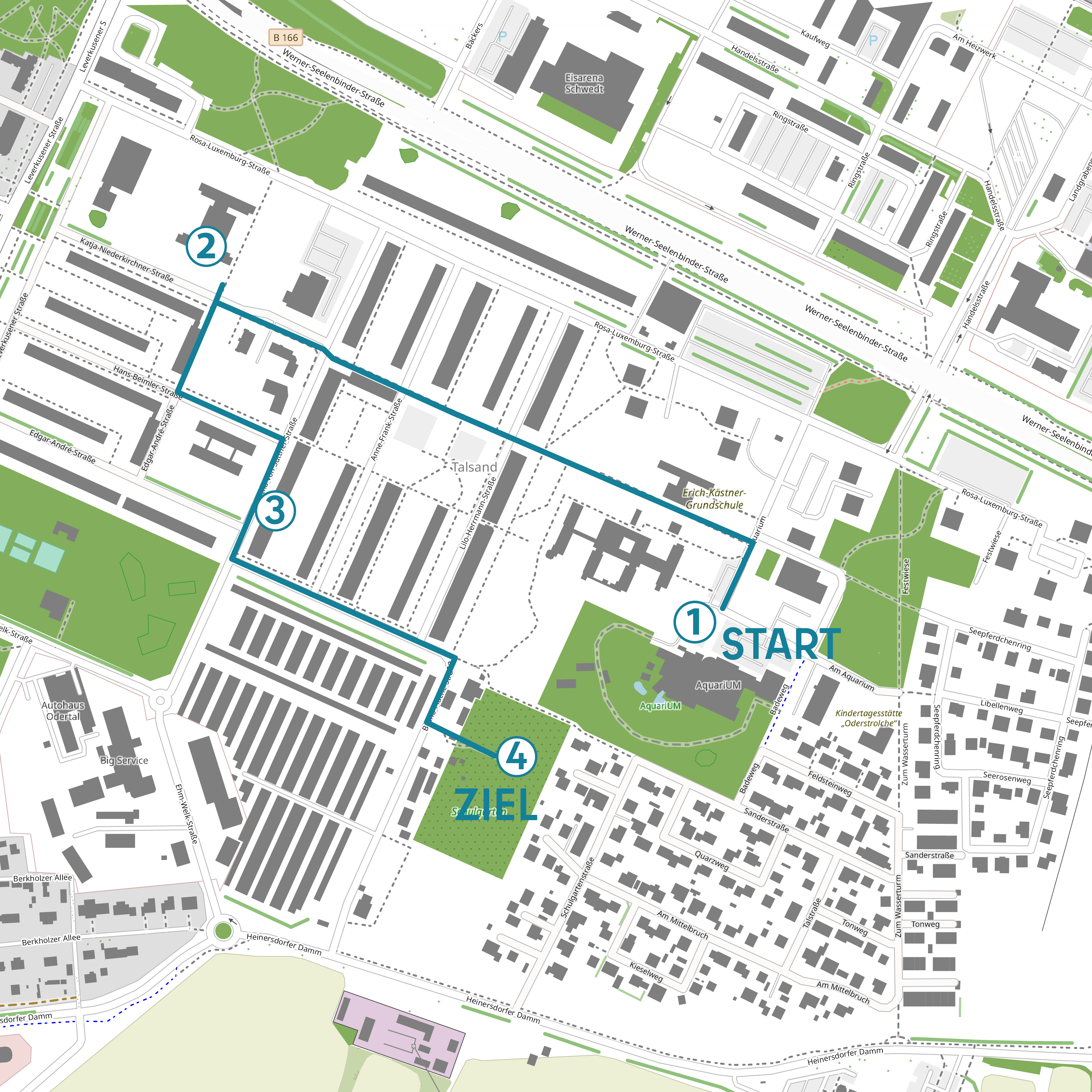 Karte mit Markierung der Strecke in Blau