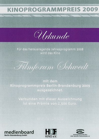 Urkunde Kinoprogrammpreis