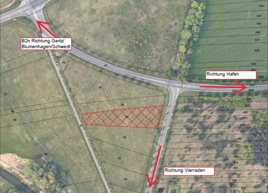 Luftbild mit roter Markierung