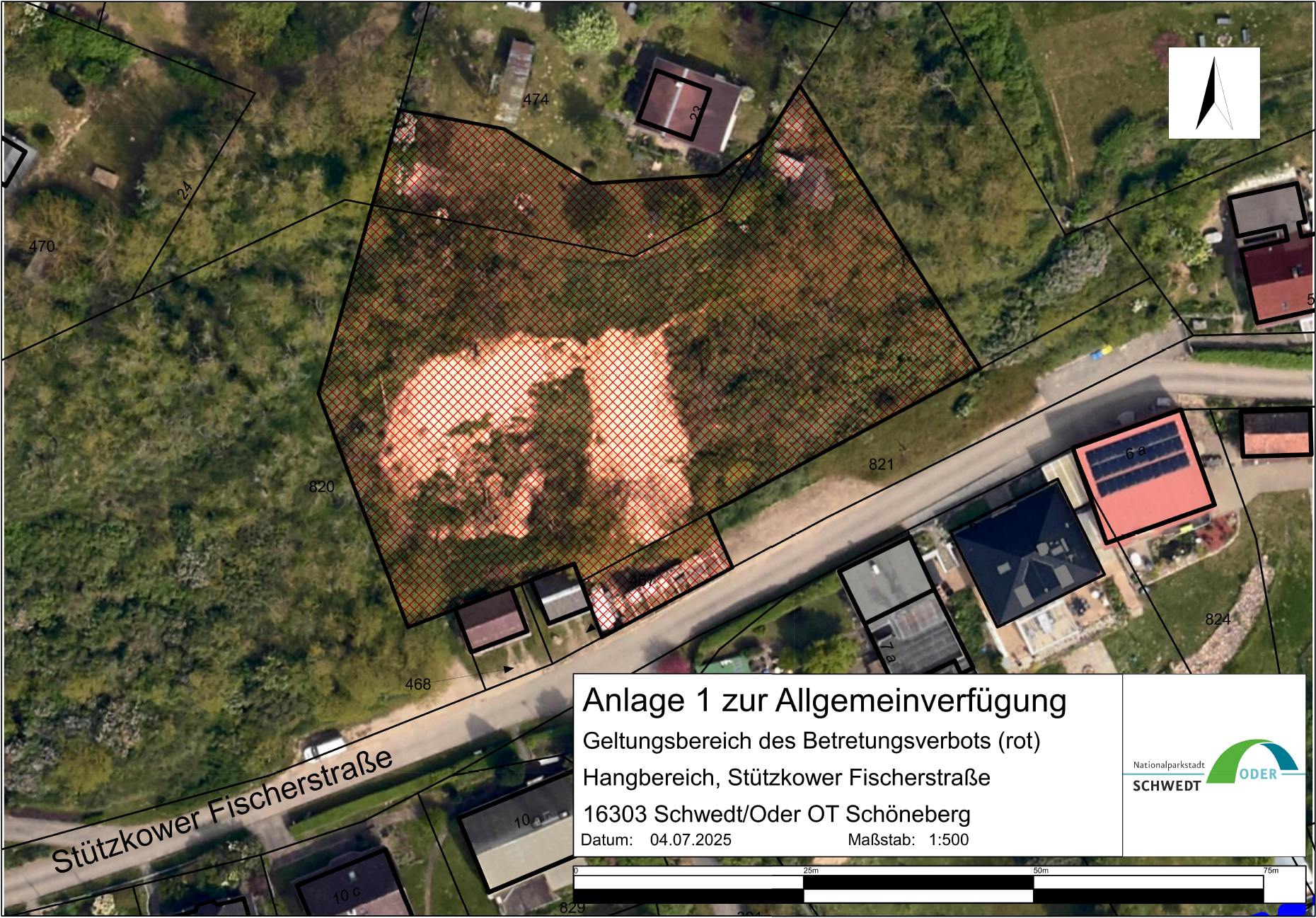 Luftbild mit roter Markierung des betroffenen Gebietes