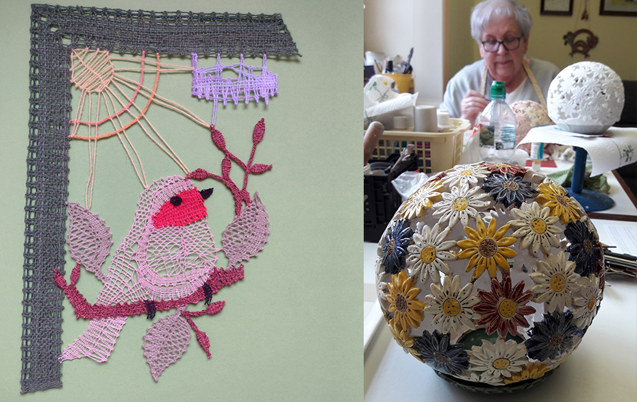 Foto: geklöppelte Frühlingsdekoration und Keramik-Blumenkugel