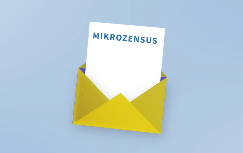 Grafik: gelber Brief auf blauem Grund mit weißem Zettel, auf dem der Begriff Mikrozensus steht.