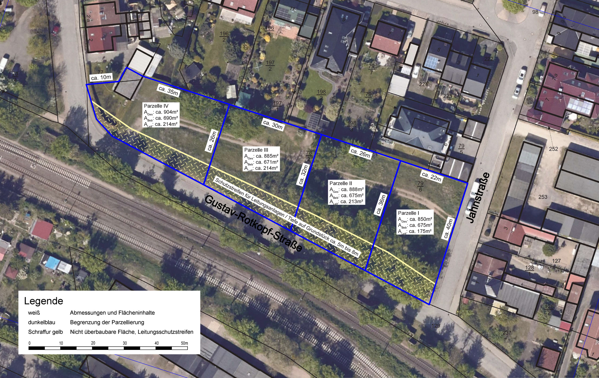 Lageplan mit 4 blau markierten Grundstücken