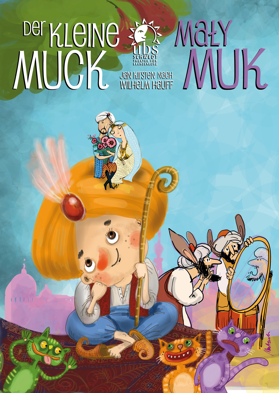 Grafik: Muck mit Pärchen auf dem Turban, daneben Händler mit Eselsohren und im Vordergrund 3 Katzen