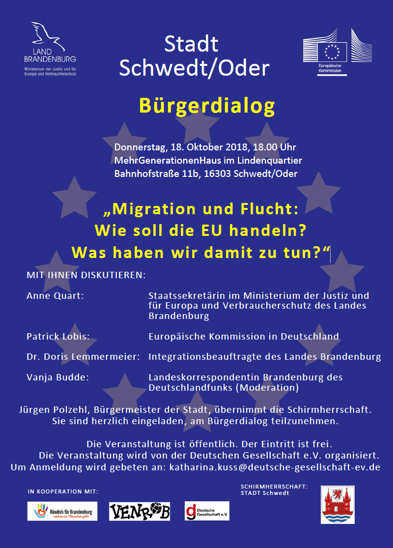 blaues Plakat mit Schrift und Logos