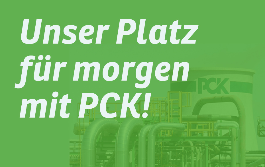 Grafik: Text auf grünem Grund: Unser Platz für morgen mit PCK!
