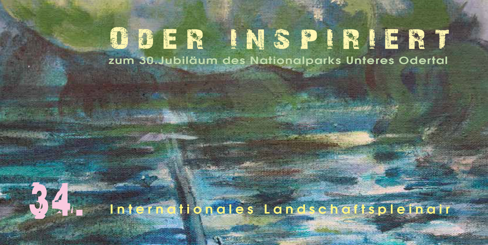Grafik: Landschaftsaquarell mit Text: Oder inspiriert zum 30 Jubiläum des Nationalparks UNteres Odertal, 34. Internationales Landschaftspleinair
