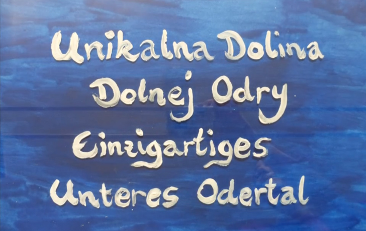 Grafik: weiße Pinselschrift auf blauem Hintergrund