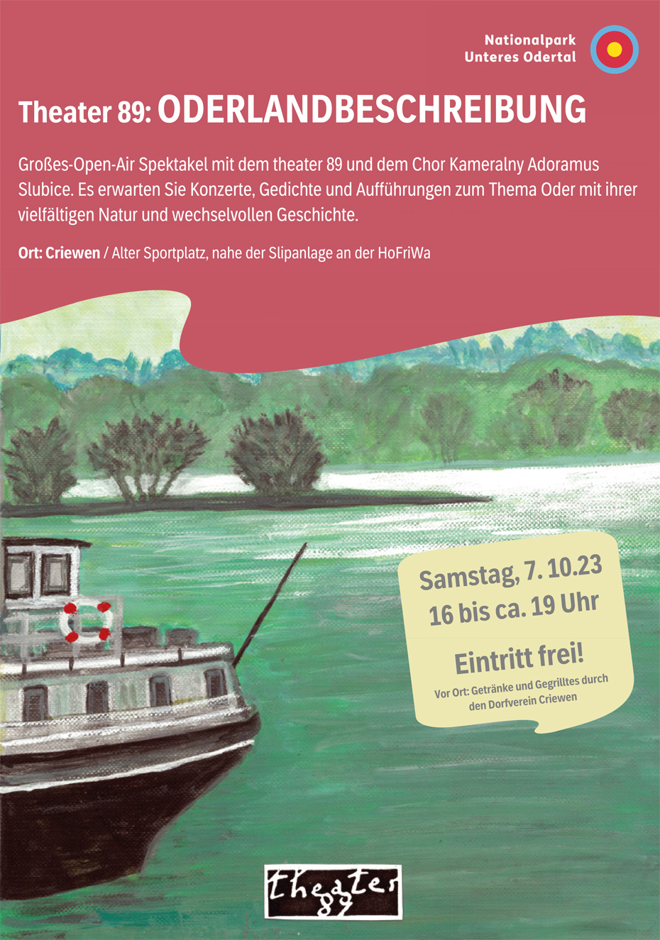 Plakat: Grafik mit Auenlandschaft und Kahn und Text