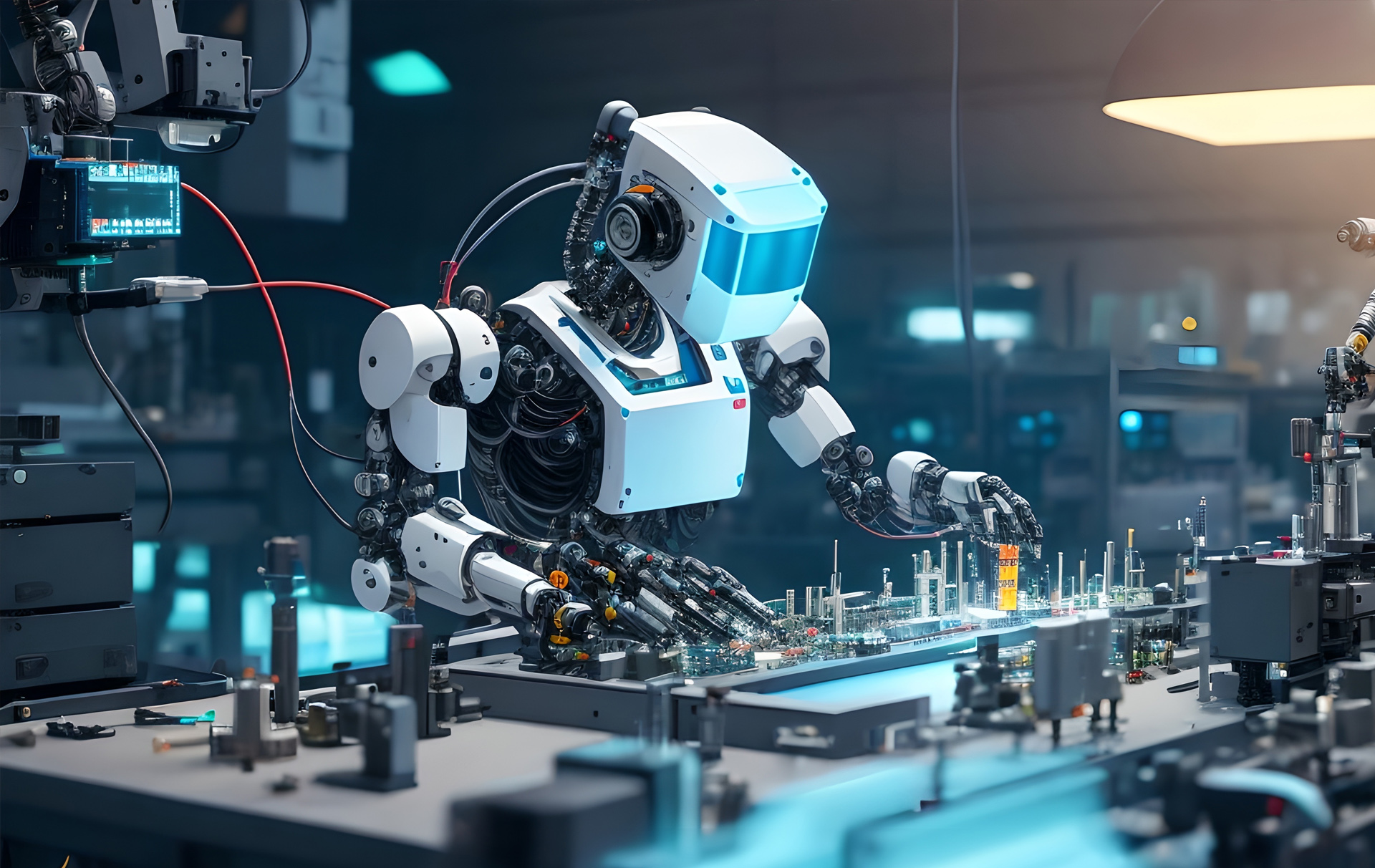 Grafik: Roboter arbeitet an einer Werkbank