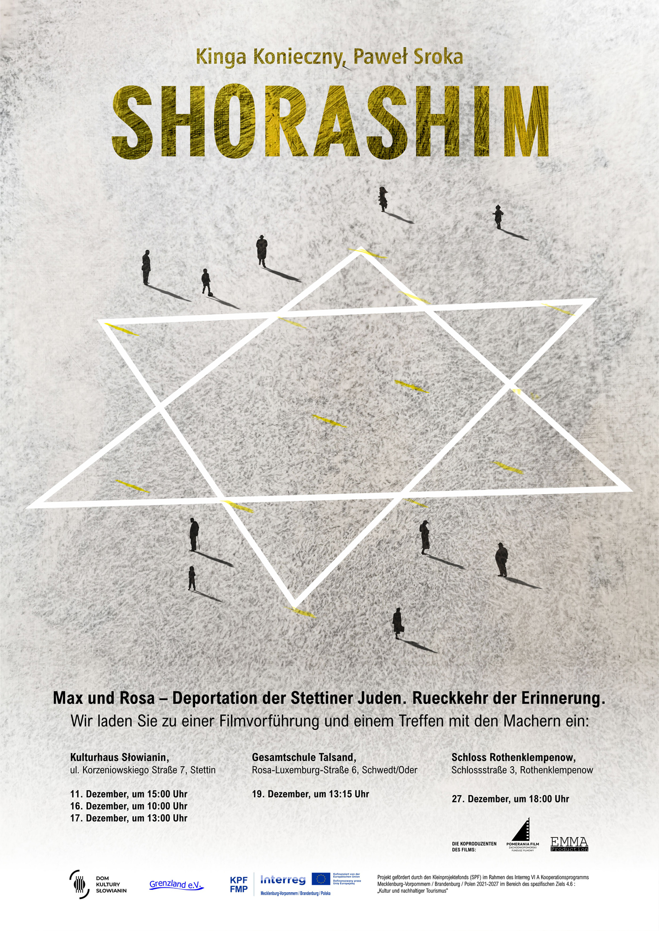 Plakat: graue marmorierte Fläche mit weißem Judenstern und einzelnen kleine Figuren, die Schatten werfen