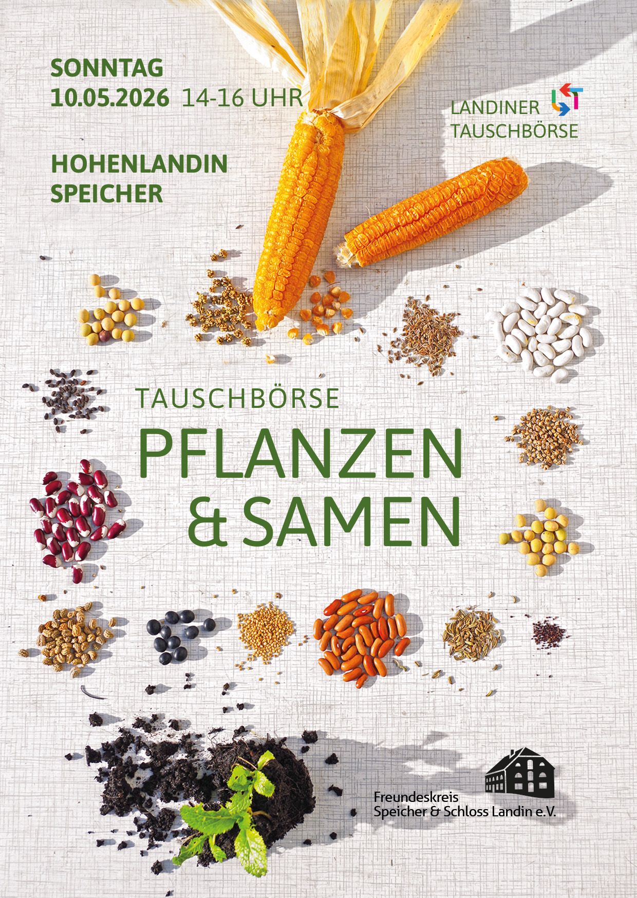 Plakat mit Text, Fotos verschiedener Samen und Pflanzen