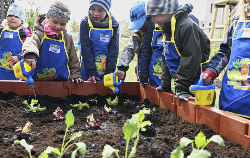 Foto: mehrere Kinder an einem Hochbeet beim Begießen der Pflanzen