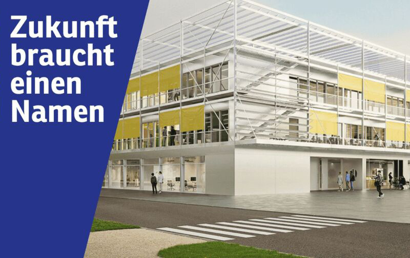 Grafik: Das Service- und Transformationsgebäude ist als Planungszeichnung zu sehen, mit Schriftbalken: Zukunft braucht einen Namen