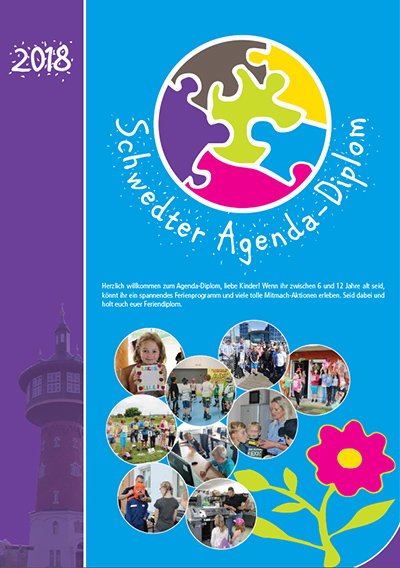 Titelseite mit farbigen Flächen und runden Fotos